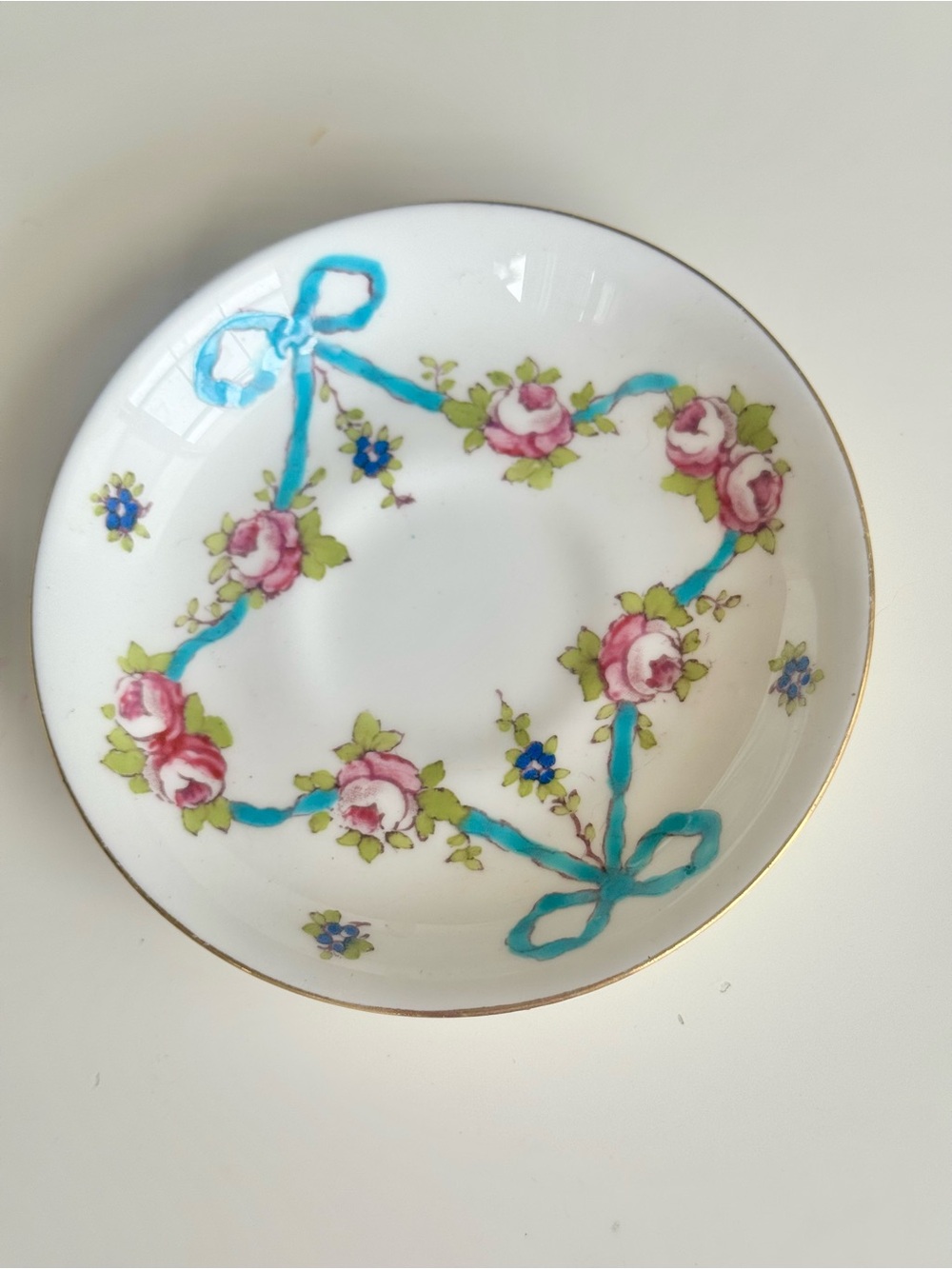 Rare Vintage Crown Staffordshire Blue Bow Demitasse Saucer